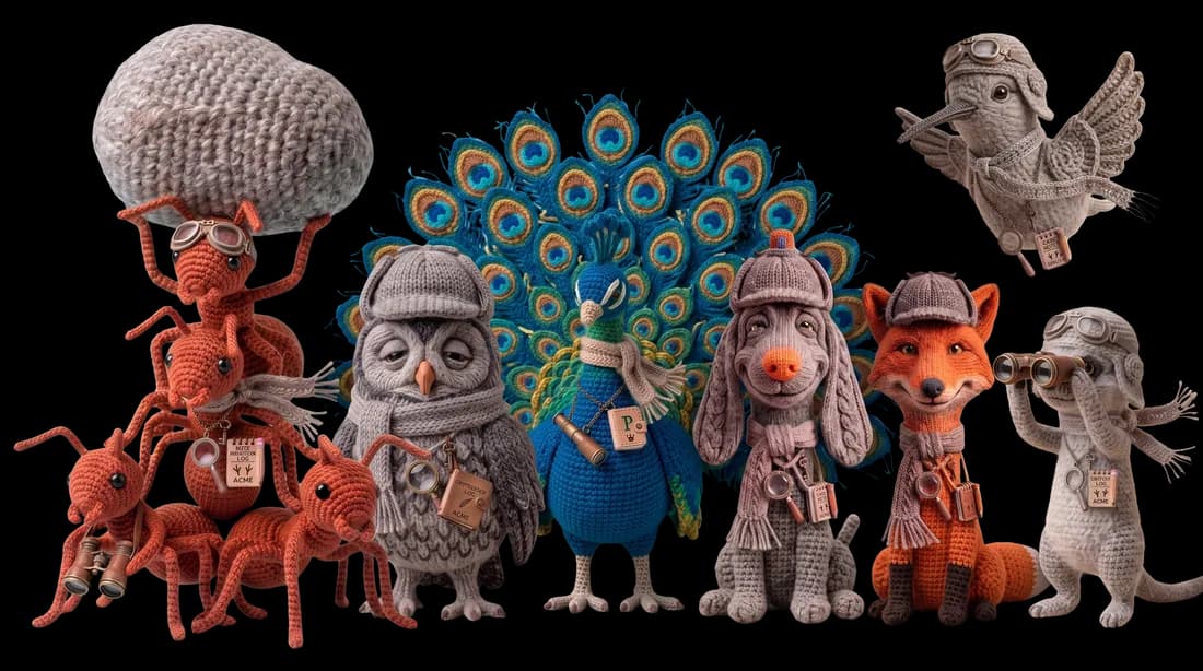 The Sherloq agent team — hand-knitted detective animals: a fox, an owl, a bloodhound, a kiwi, a meerkat, a peacock and an ant squad.