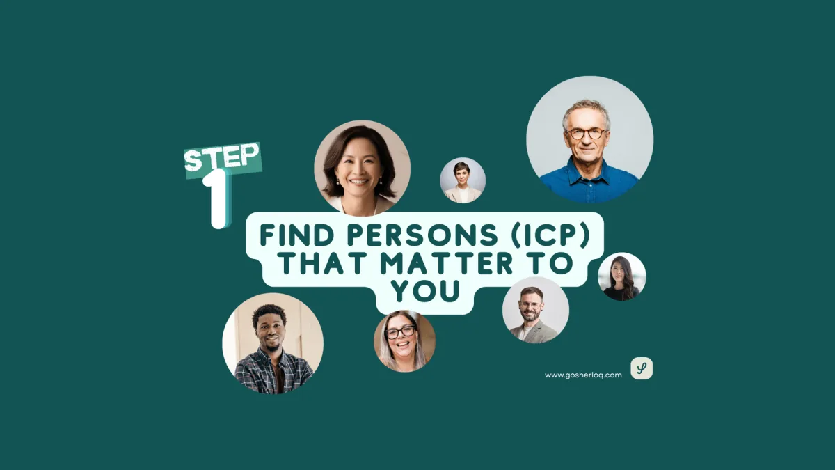 Step 1 of the outreach strategy: find the specific people (ICP) that matter to you, shown as a cluster of real prospect profile photos